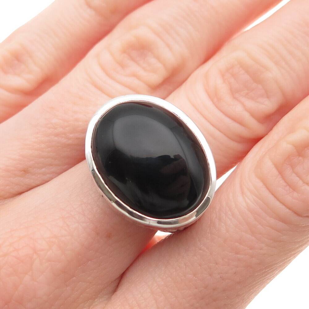 925 Sterling Silver Vintage Real Black Onyx Modernist Oxidized Ring Size 6